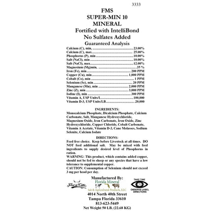 Florida Mineral Salt SUPER-MIN™ 10 Premium Cattle Mineral with Nutri-Stream™ No Sulfates Added, 50 lb